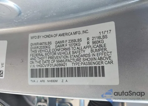 2018 Honda Accord Sport z USA, uszkodzony, nr VIN 1HGCV1F31JA056421